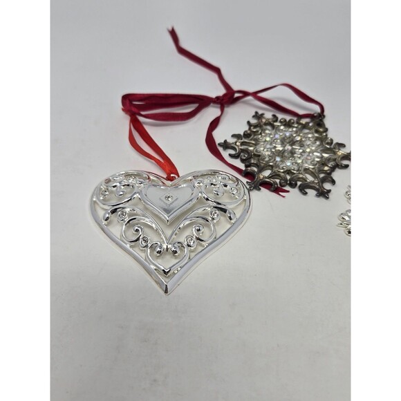 VINTAGE LENOX CHRISTMAS ORNAMENT BUNDLE SNOW MAJESTY SNOWFLAKE HEART SILVER TONE - Picture 14 of 15